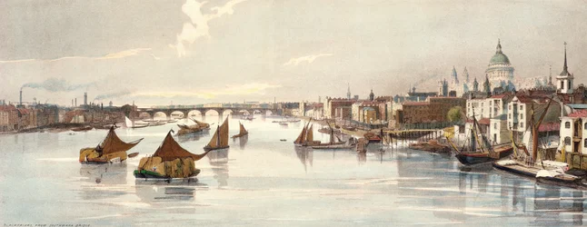 Blackfriars, da Ponte Southwark, de "London As It Is", gravada e pub. pelo artista, 1842